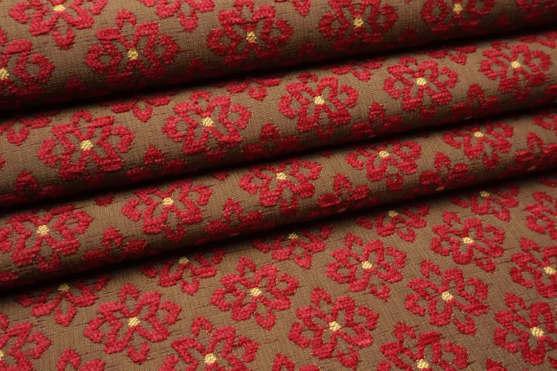 Luxus Möbelstoff Polsterstoff Dekostoff Blumenmuster Designer Hochwertiger luxuriös Bezugsstoff Dekostoff für Sofa Eckbank Couch Stuhl Premium Chesterfield Modern Edel Elegant Rot Mokka Ocker