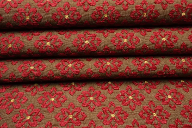 Luxus Möbelstoff Polsterstoff Dekostoff Blumenmuster Designer Hochwertiger luxuriös Bezugsstoff Dekostoff für Sofa Eckbank Couch Stuhl Premium Chesterfield Modern Edel Elegant Rot Mokka Ocker